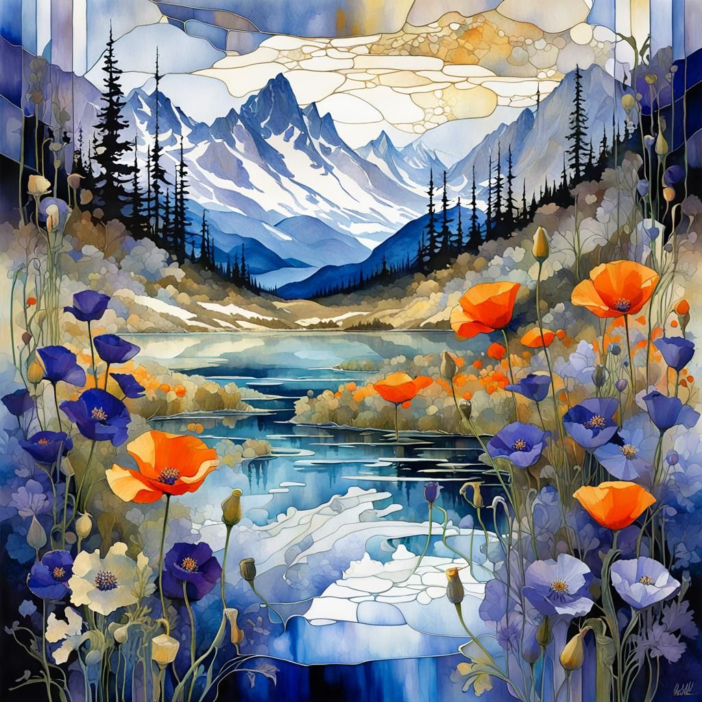Liquid Ink Style Alaska Poppies Double Exposure