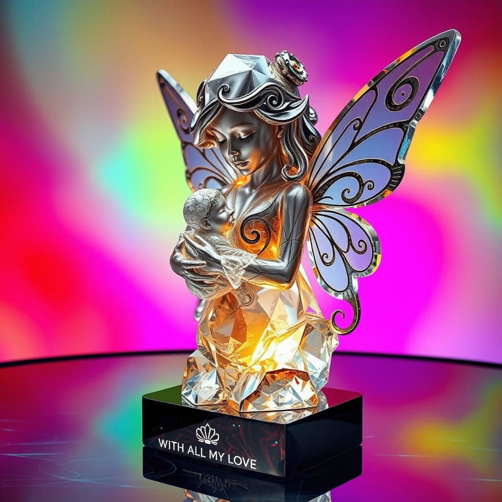 Hyperrealistic Fairy and Baby Crystal Statue in Mid Shot