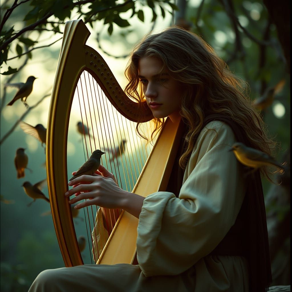 Aengus Playing Harp in Twilight Grove