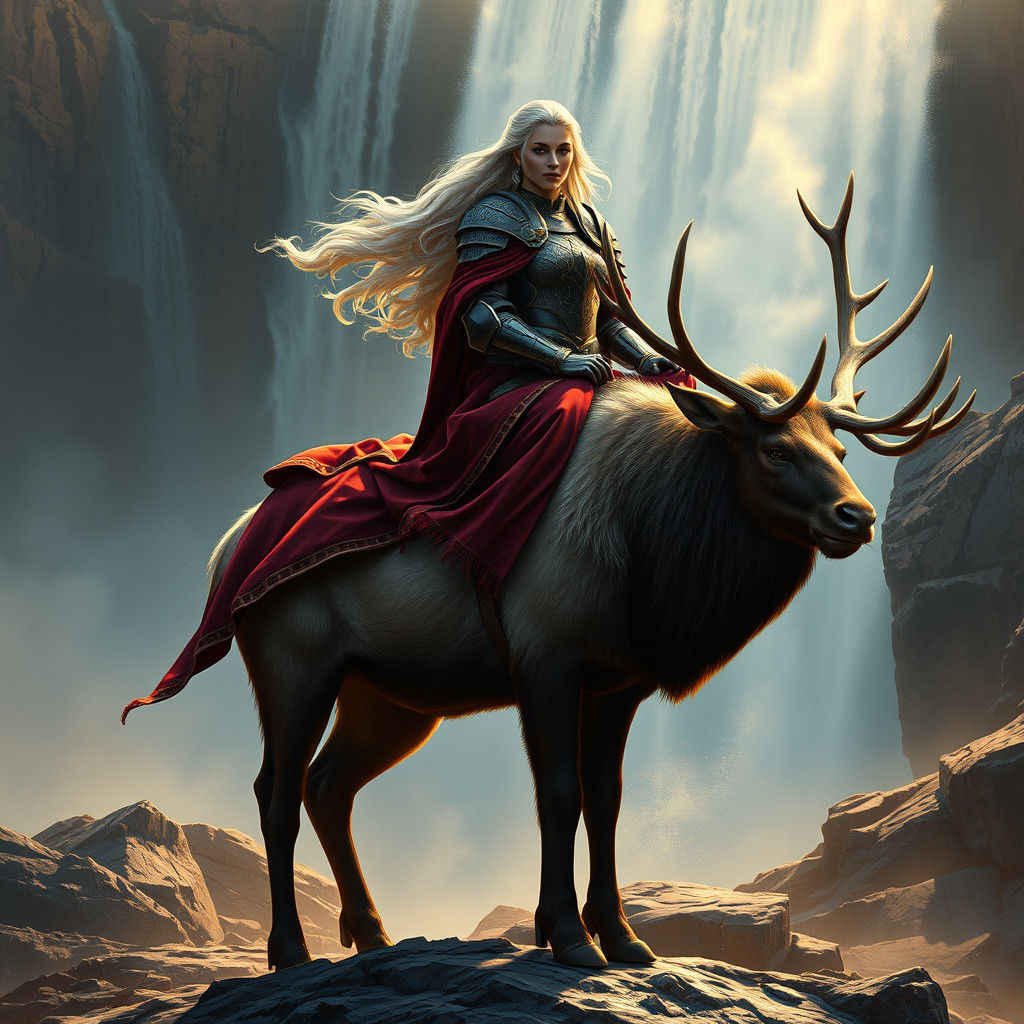 female knight riding a deer