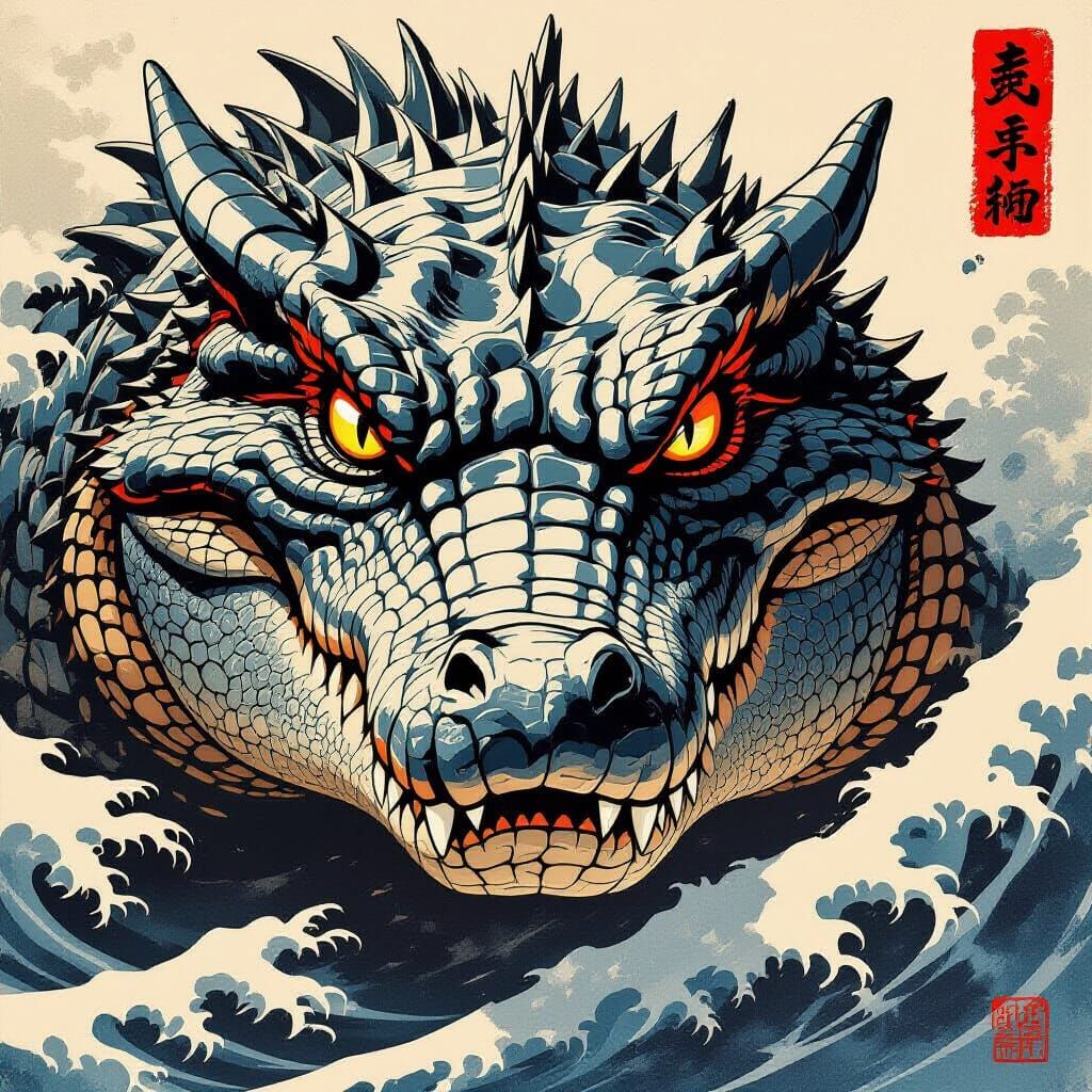 Crocodile face in sumi-e Japanese ink painting style.