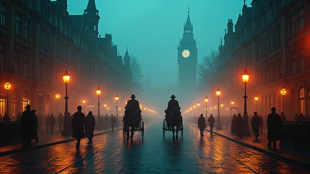 Gaslit Victorian London Cityscape in Matte Painting Style