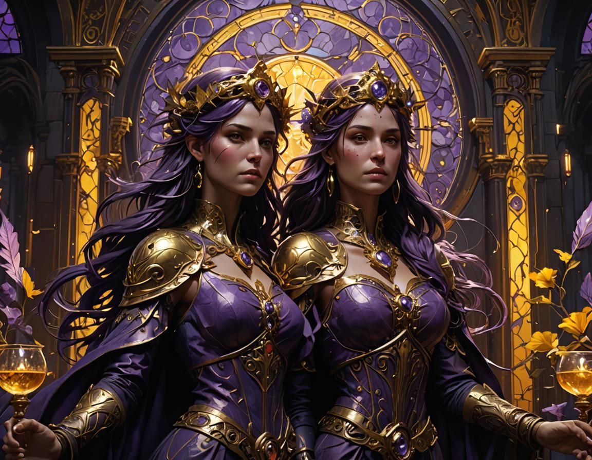 Dark Fantasy Twins Art in Purple and Yellow