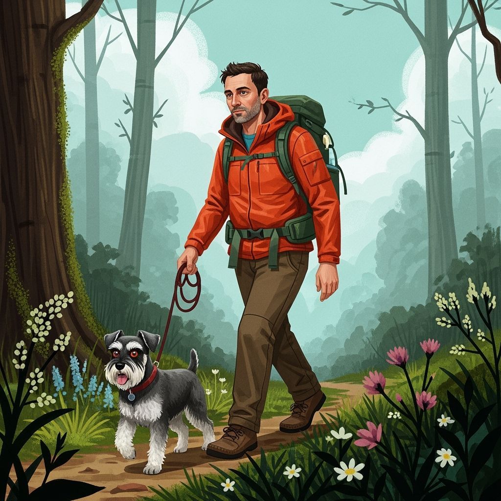 Hiker and Schnauzer in Grassy Hills: Digital Art