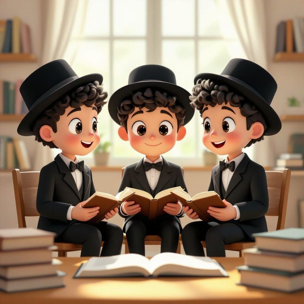 Cartoon Jewish Boys Studying in Brightly Lit Room