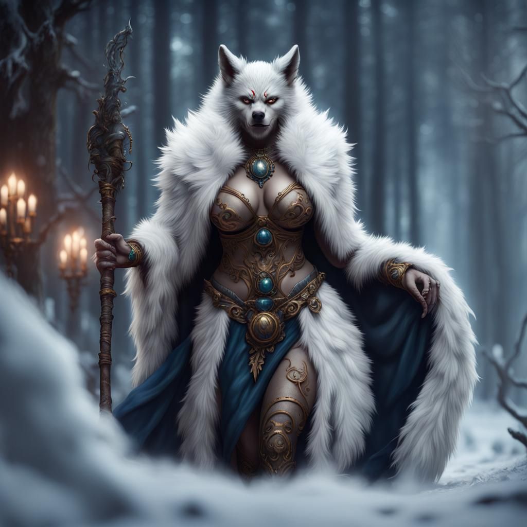 White-Fur Plus Size Werewolf Goddess: Detailed Matte Paintin...