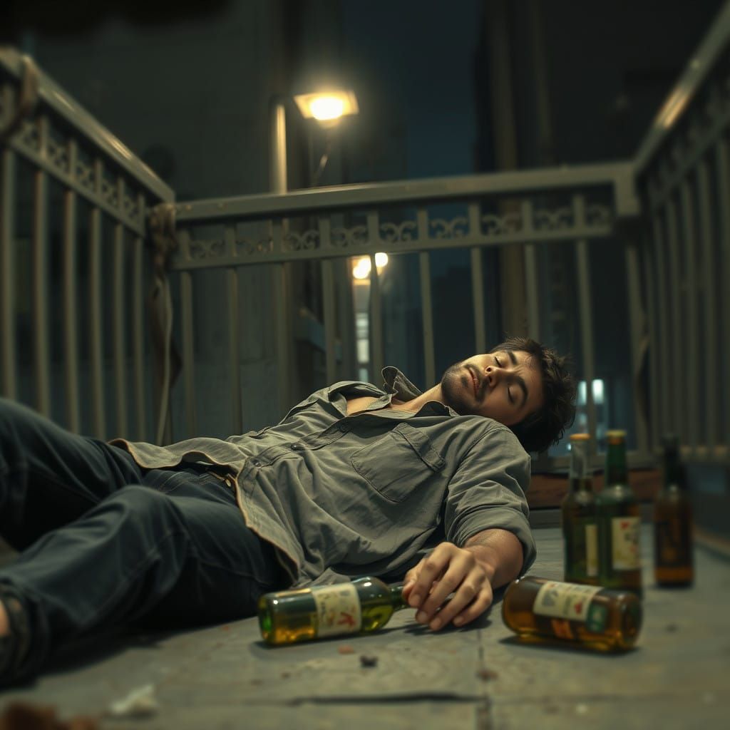 Troubled Young Adult Amidst Urban Ruin in Film Noir Style