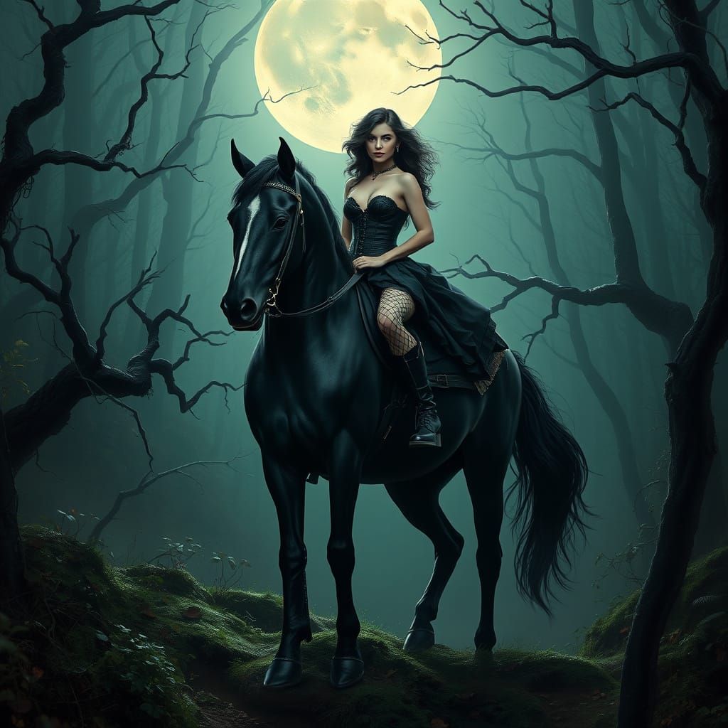 Dark Surrealist Dominatrix Rides a Majestic Black Horse in a...