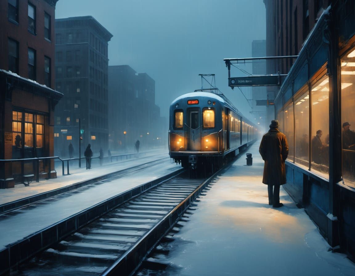 Chicago L Train in Night Blizzard, Edward Hopper Style
