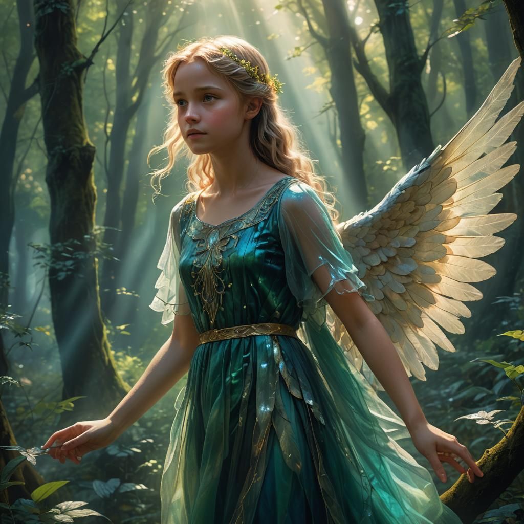 Girl and Angel in Lush Forest: Fantasy Art