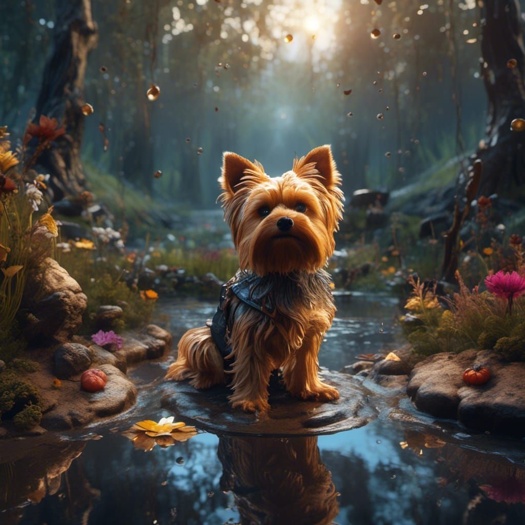 Yorkie Sees Wolf Reflection: Detailed Matte Painting