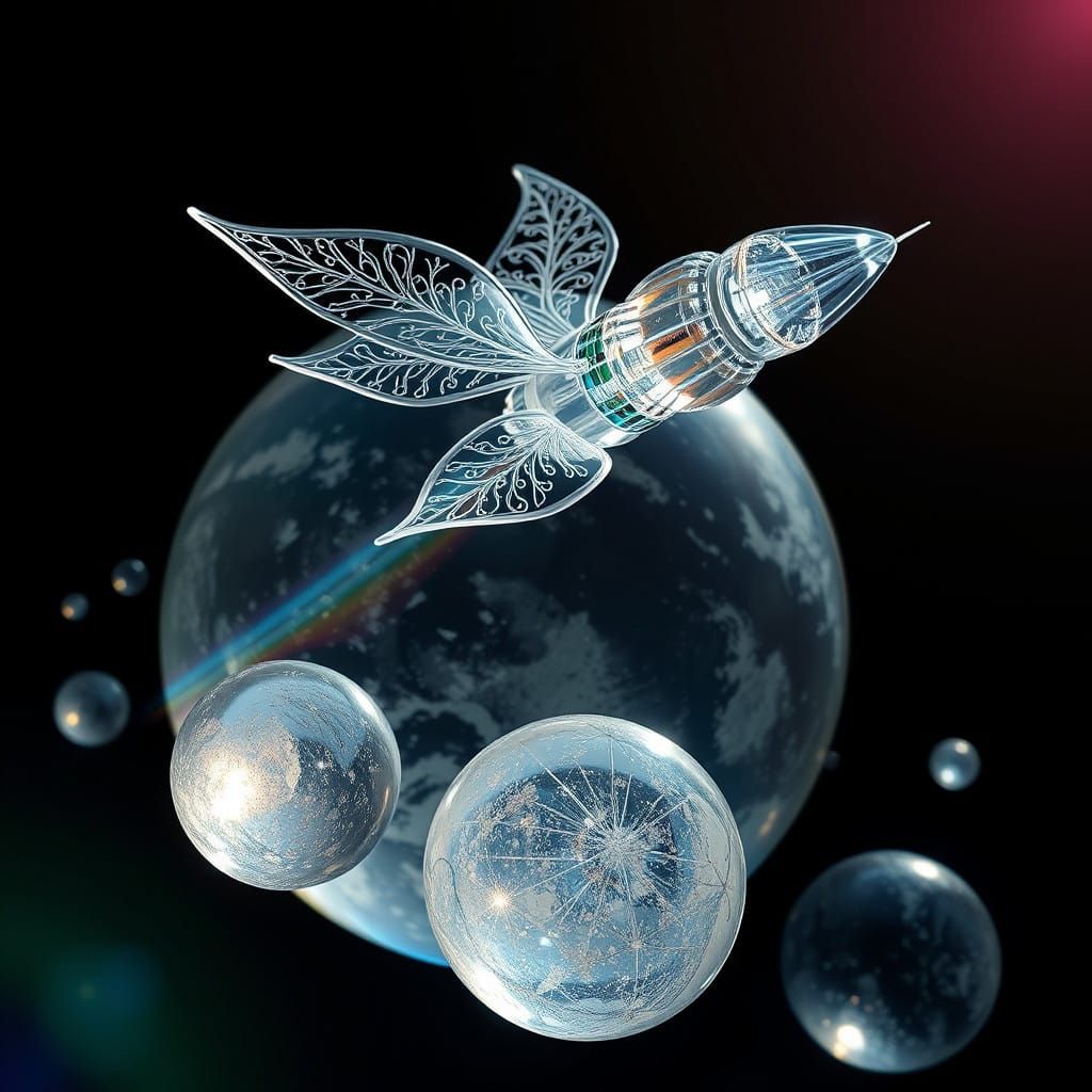 Glass Spaceship in Glass Planet with Rainbow Moons