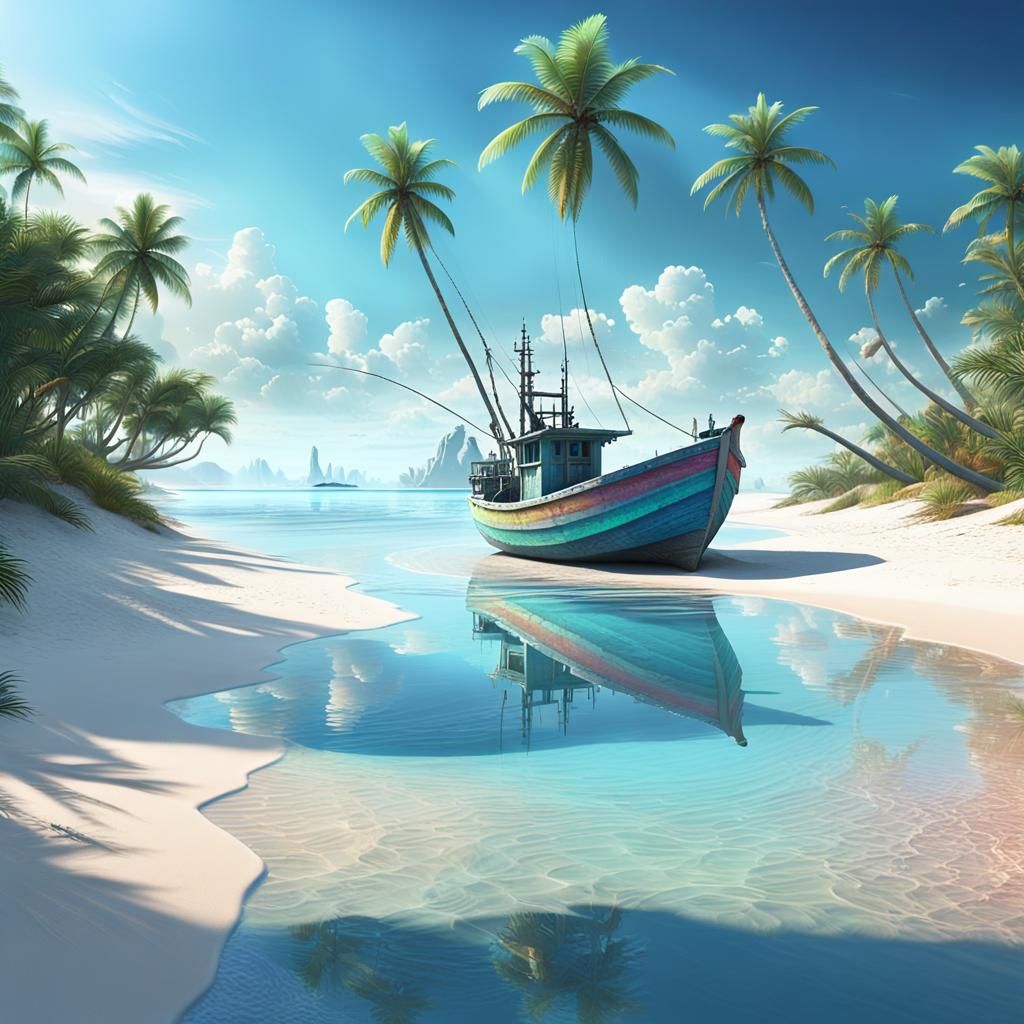 Cyberpunk Fisherman's Boat at Sunset: Sci-Fi Landscape