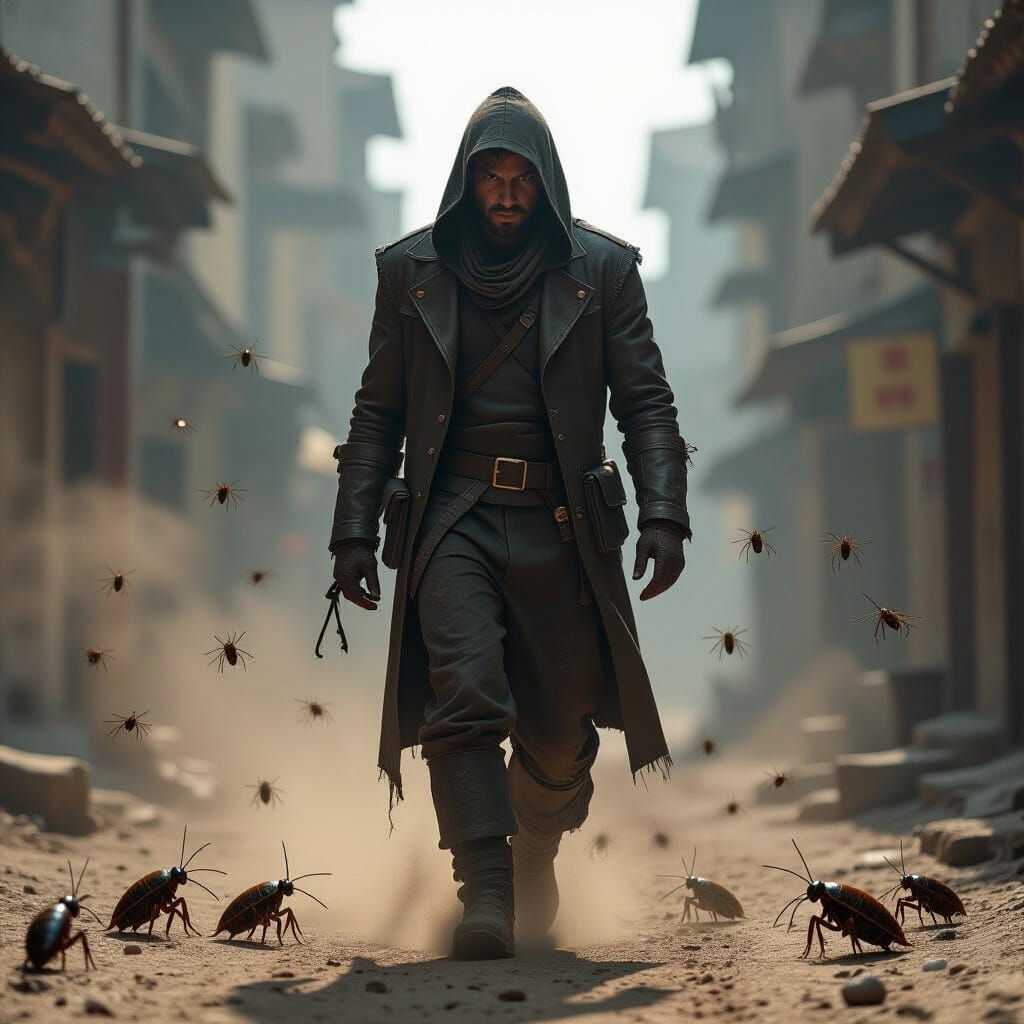 Person Walks Through Insect Swarm: Cinematic Dystopian Scene