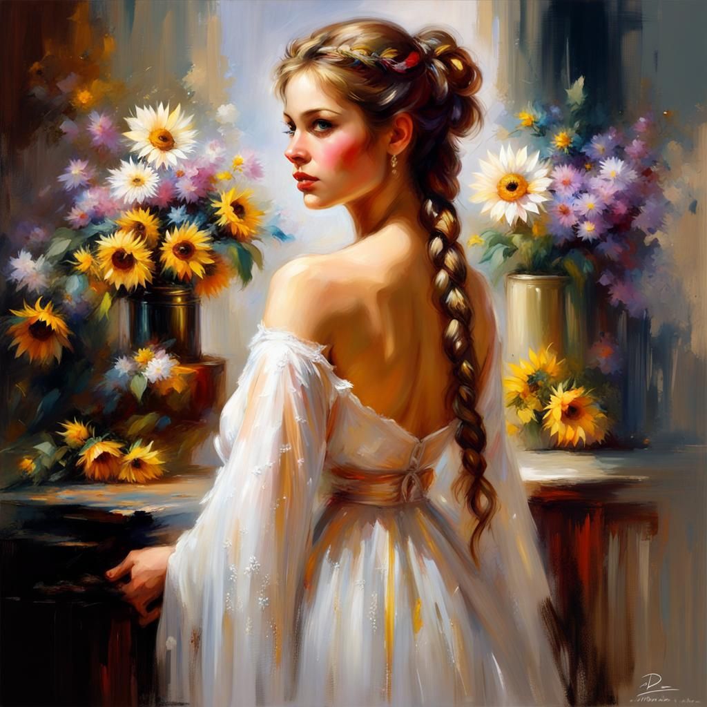beautiful princess with a beautiful braid hairstyle (a lot of brown hair 1,5),(with a white puffy and translucent dress ...