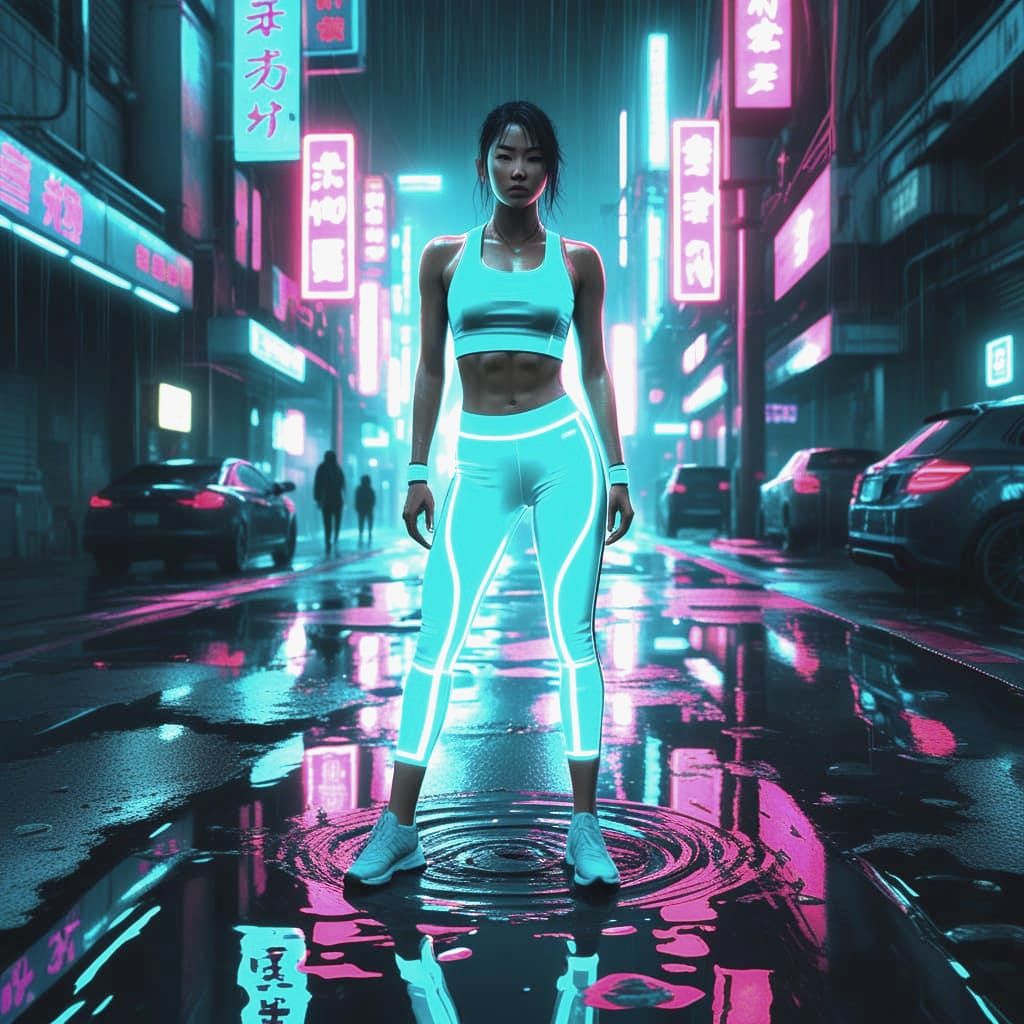 Cyberpunk Model in Luminous Neon Yoga Set