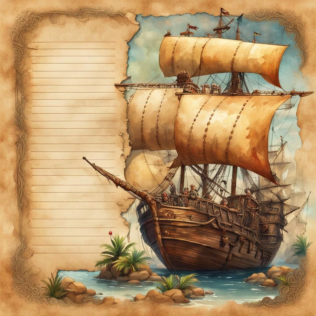 Pirate Treasure Map on Journal Page in Watercolor Style