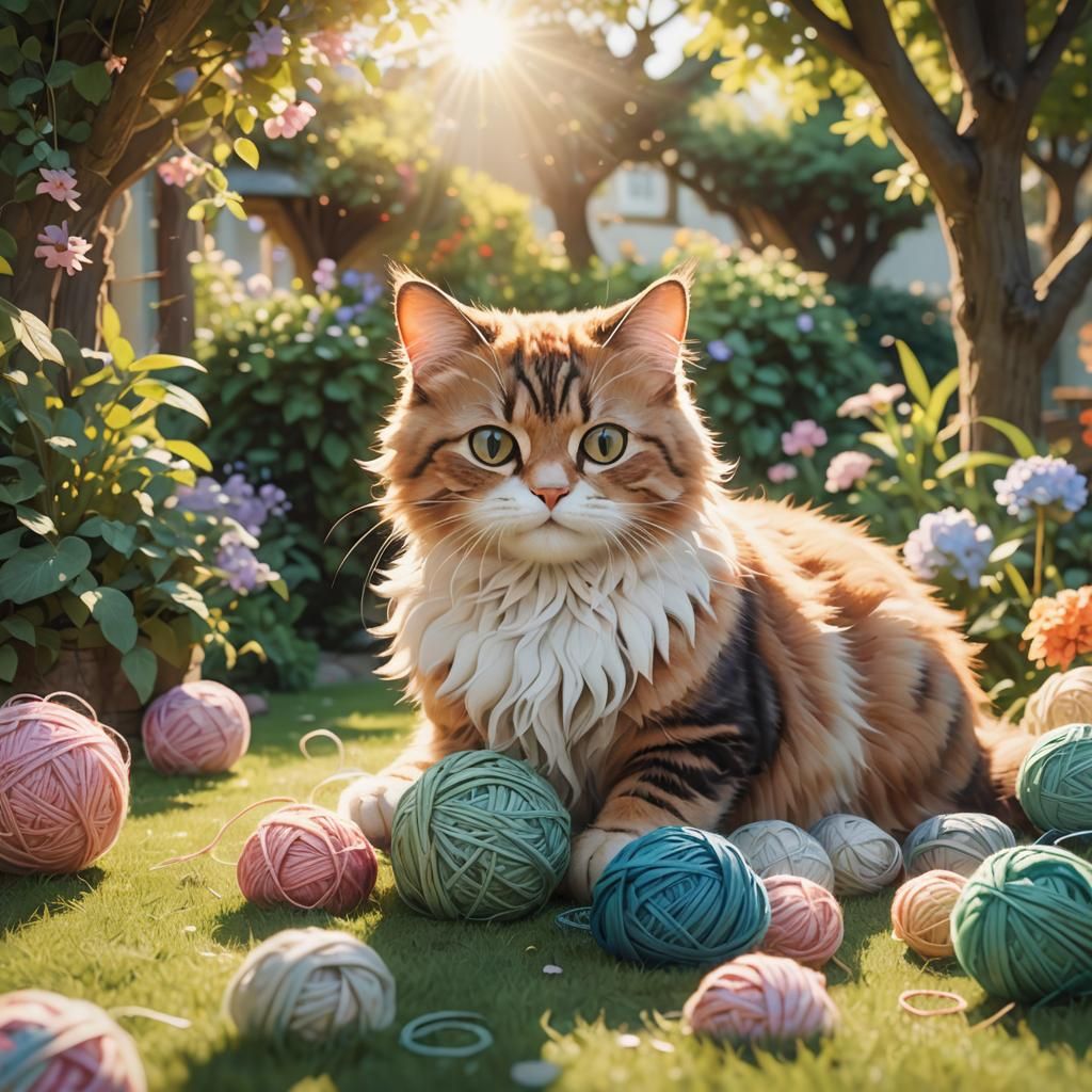 Anime Cat Playing with Yarn in Garden