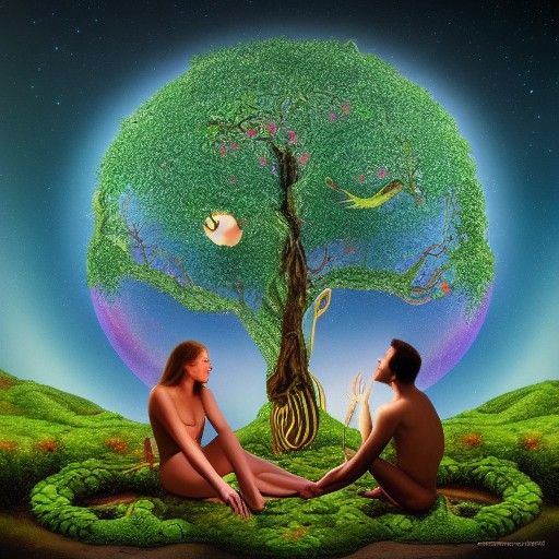 Adam and Eve in Eden: Astral Cosmic Illustration
