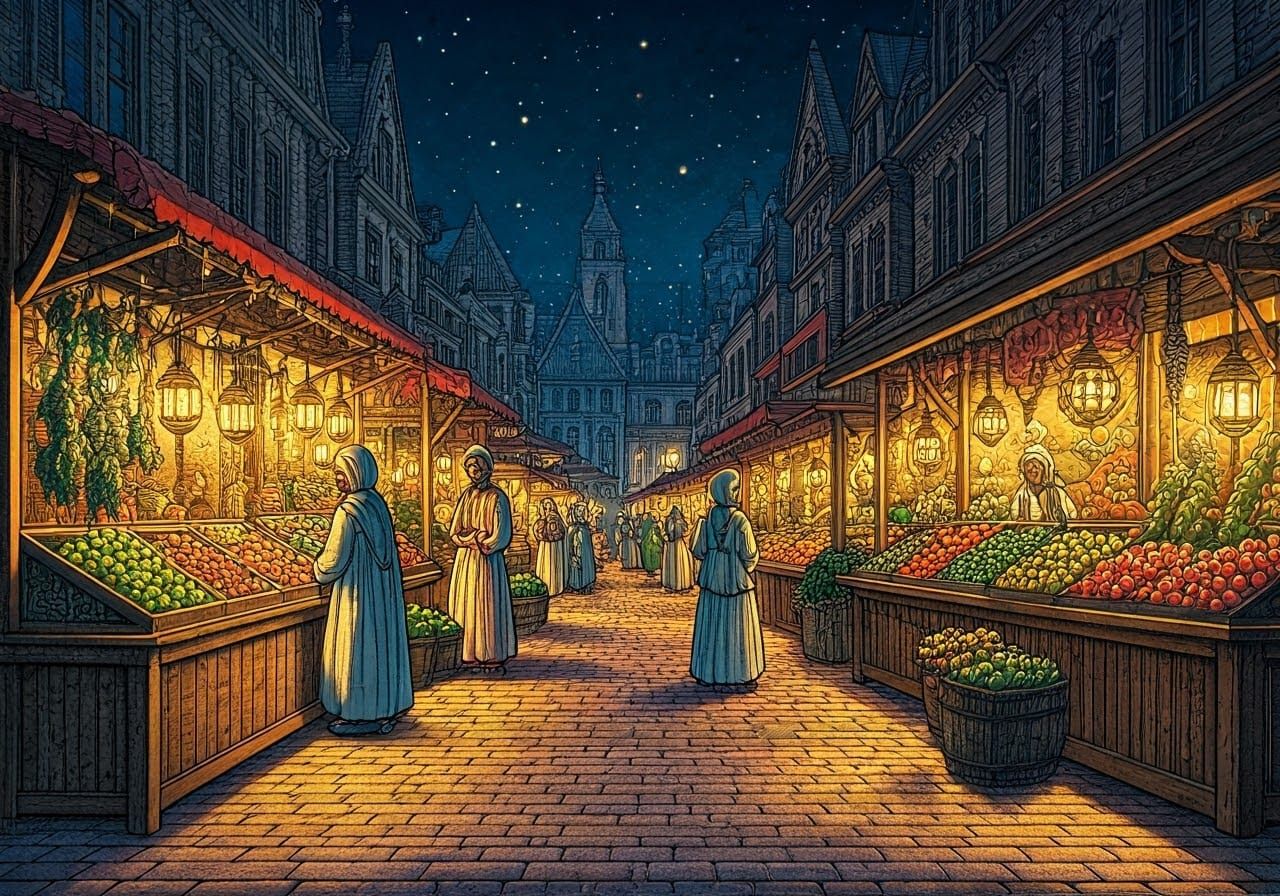 Vibrant Oriental Night Market with Intricate Details