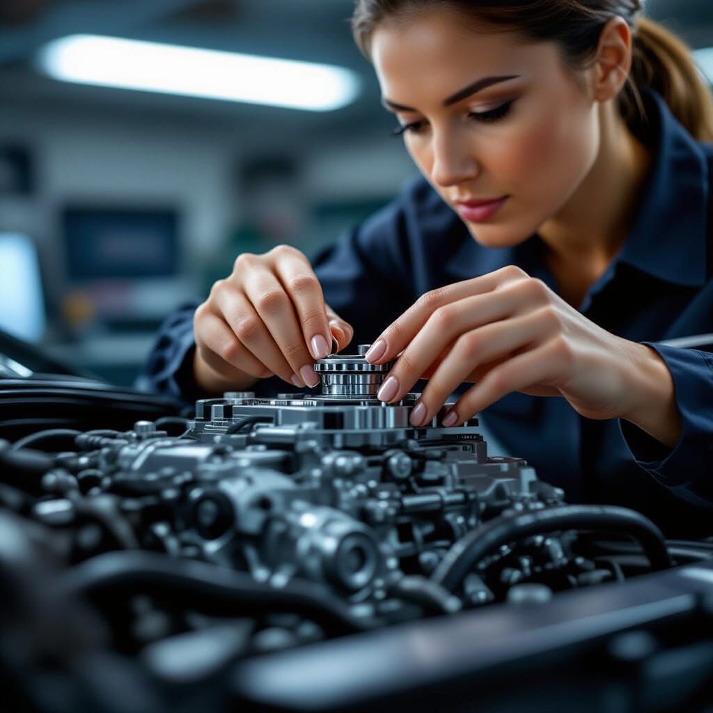 Woman's Hand Adjusting Intricate Engine Part in Workshop