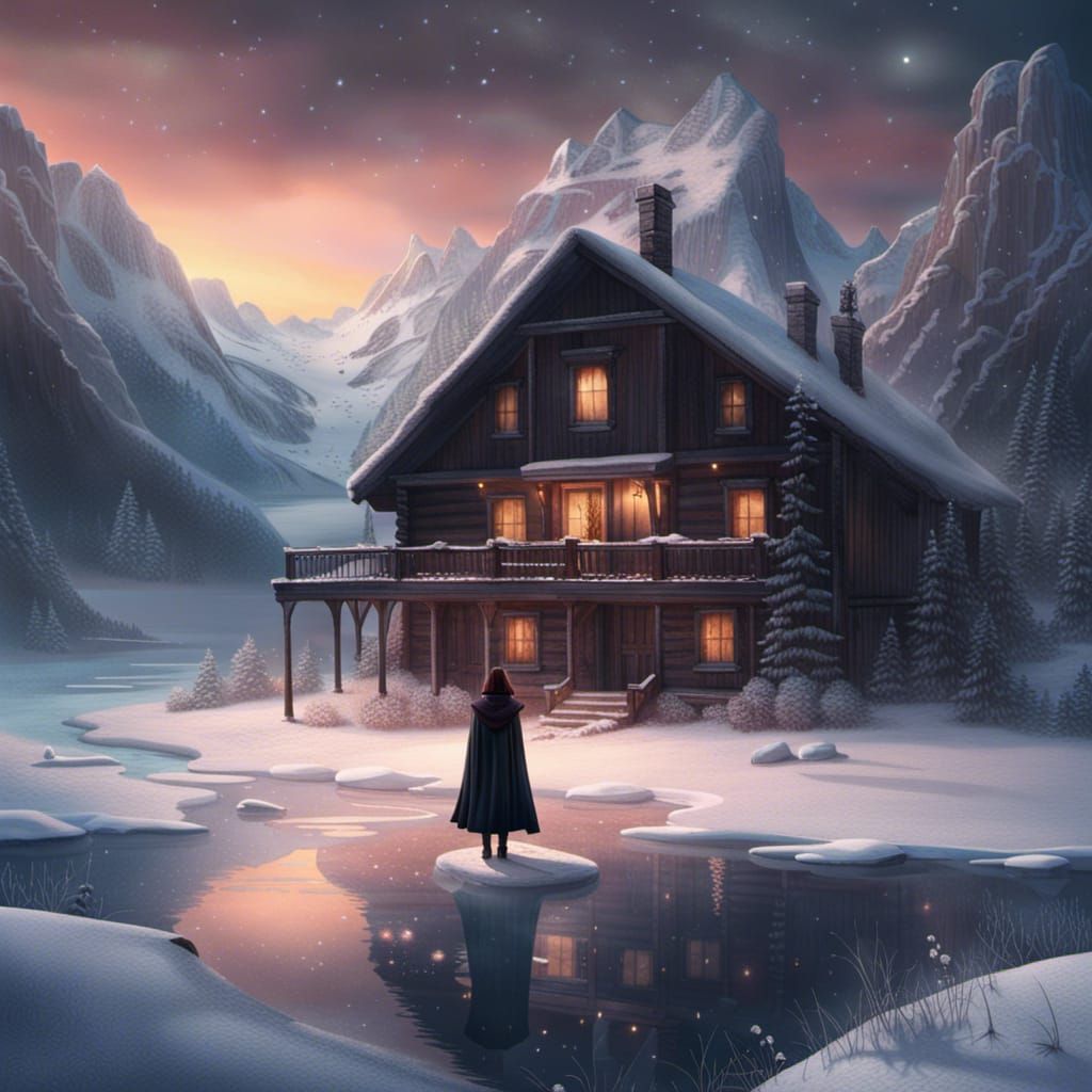 Mystical Snowscape: Girl on Frozen Lake