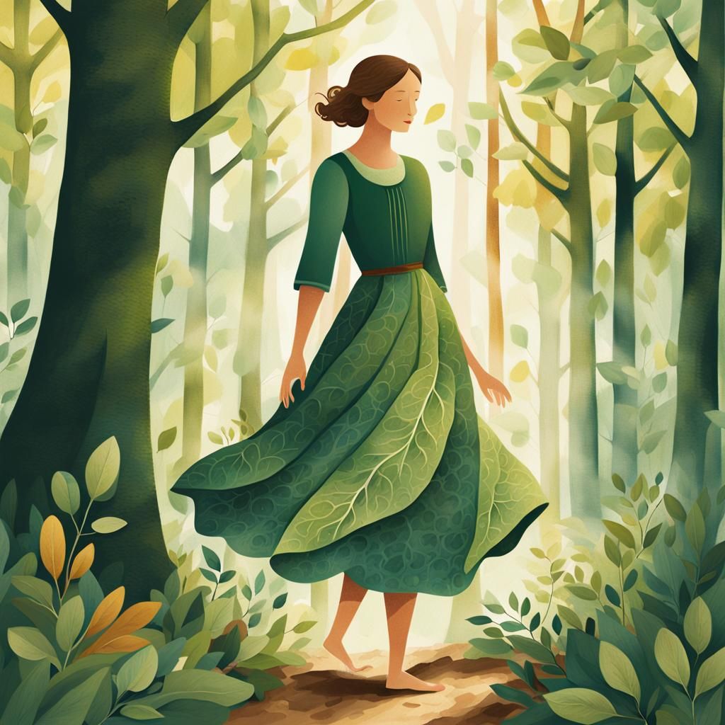 Woman in Green Dress: Folk Art Nature Illustration