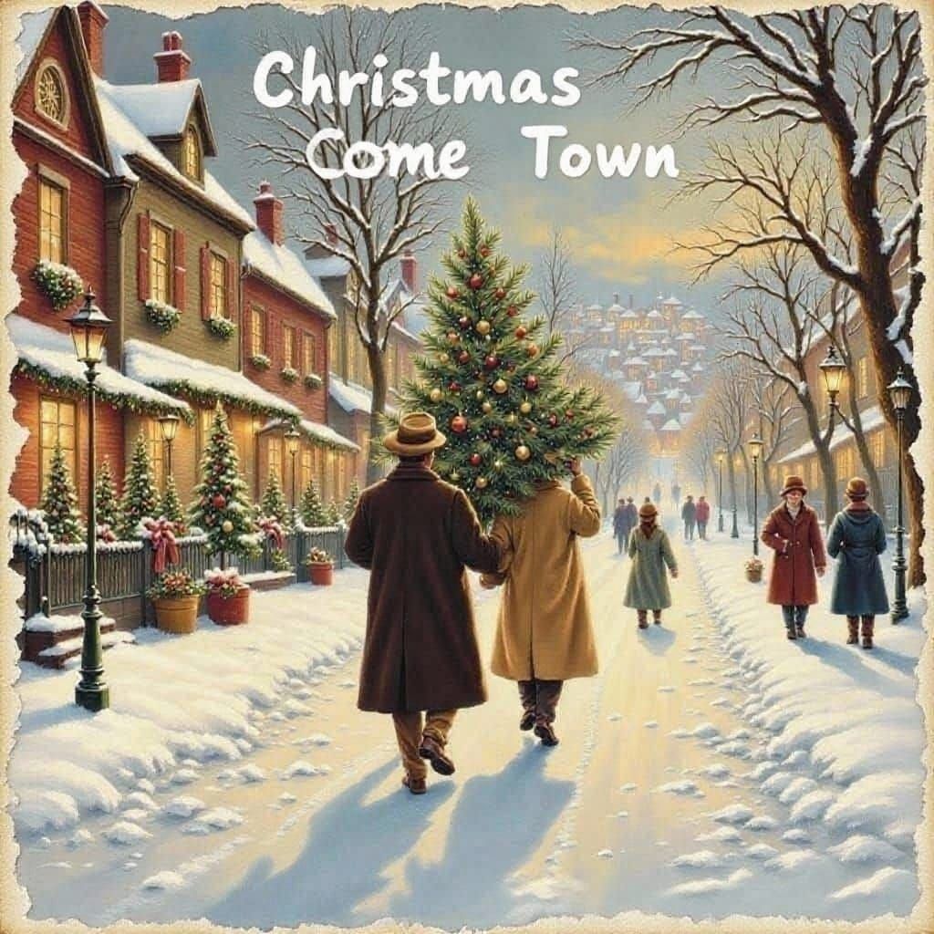 Vintage Christmas Scene: Couple Carries Tree Through Snowy T...