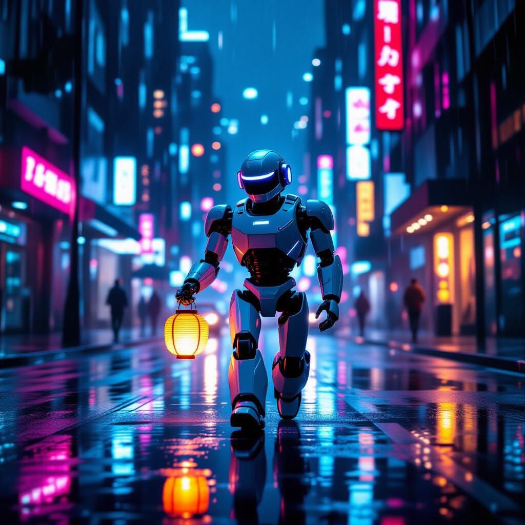 Cyberpunk Robot in Neon Cityscape