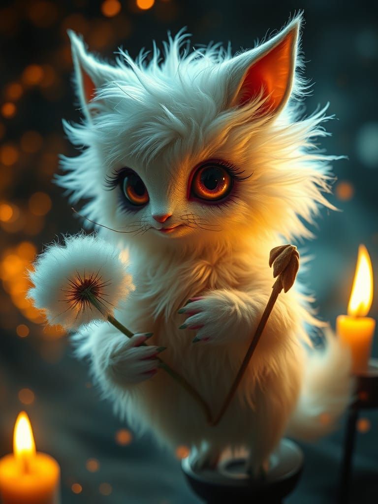 Whimsical Fantasy Animal Character in Eerie, Candlelit Dream...