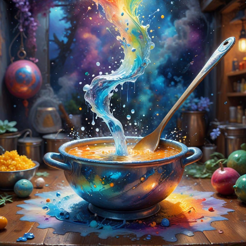 Joyful Ladle Dancing Over Soup in Warm Kitchen