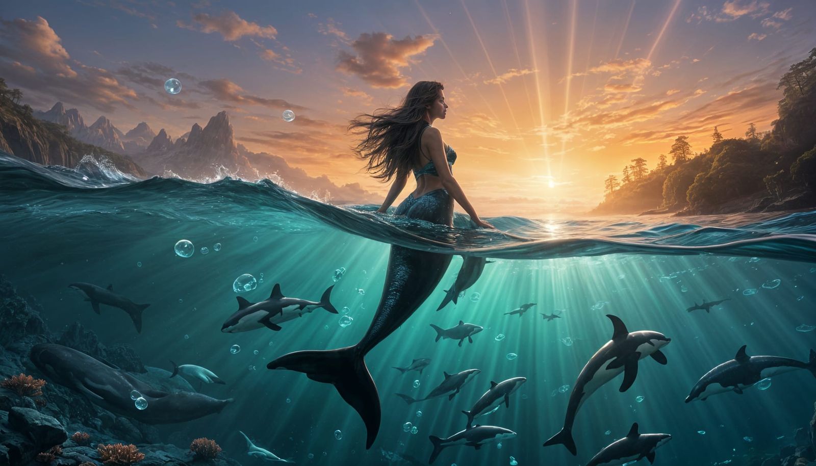 Surreal Mermaid Whale Encounter in Luminescent Realism