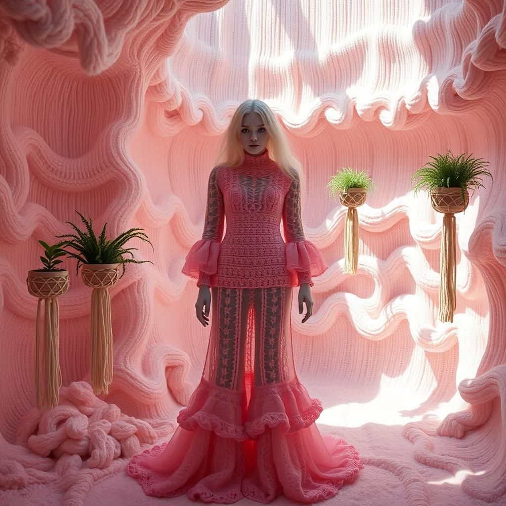 Eerie Crocheted Model in Surreal Dreamscape