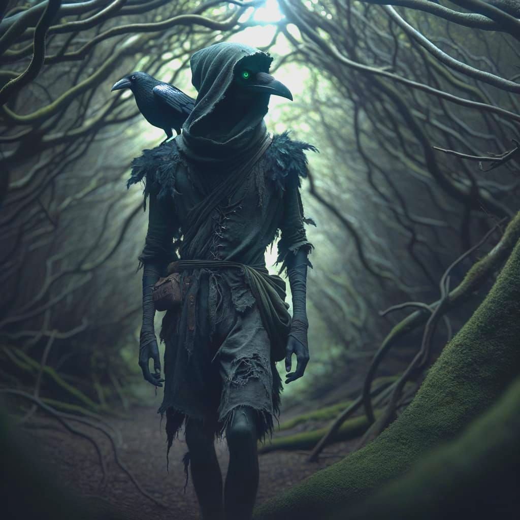 Mysterious Crow-Like Humanoid in Forest Shadows