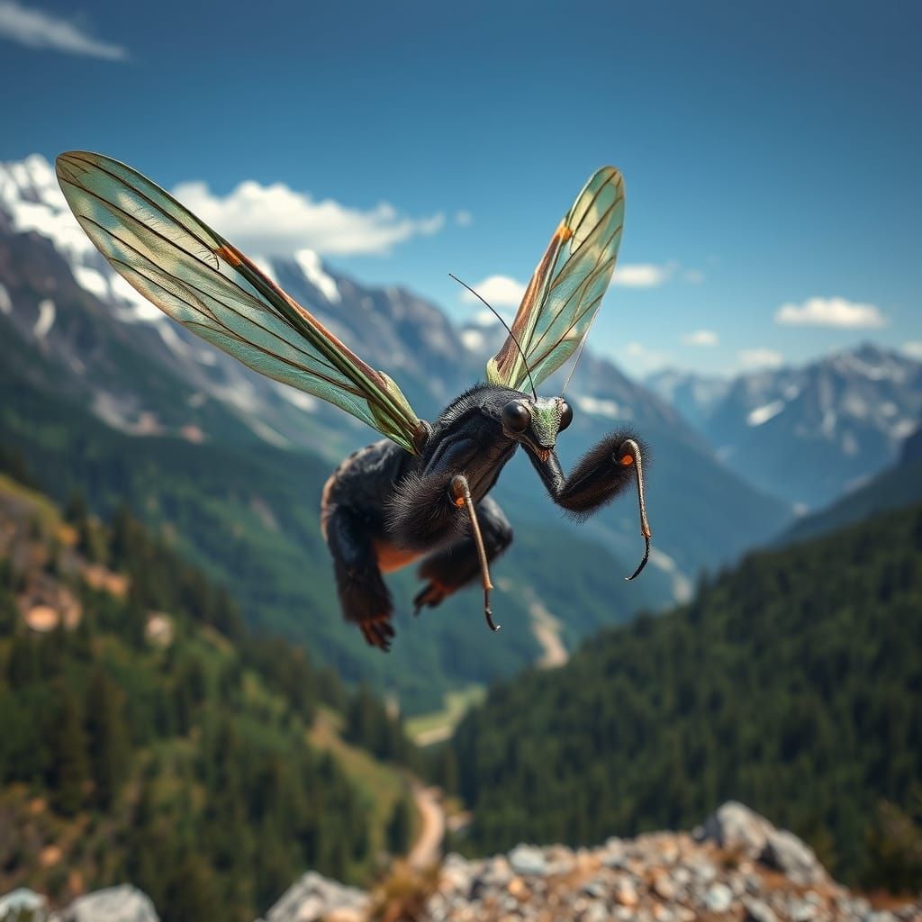 Gorilla-Mantis Hybrid Soars Through Mountain Landscape