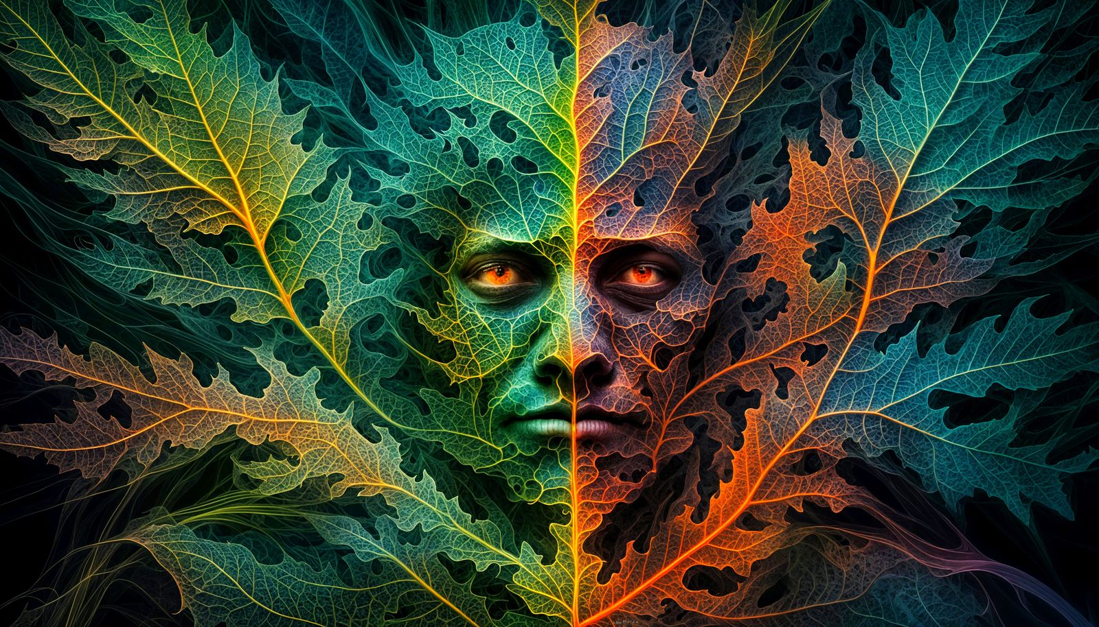 Leaf and Face Double Exposure in Steampunk Style