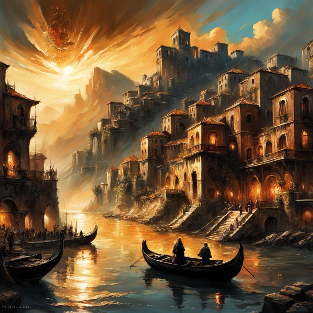 Italian Bay Sunset Painting with Sepia Pastel Colors