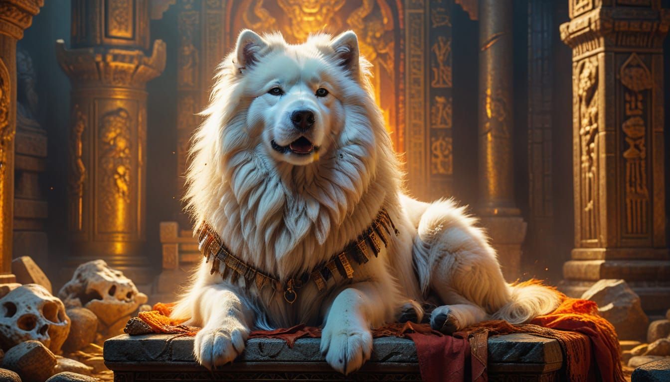 Lion-Headed Samoyed on Bone Throne: Fantasy Oil Painting