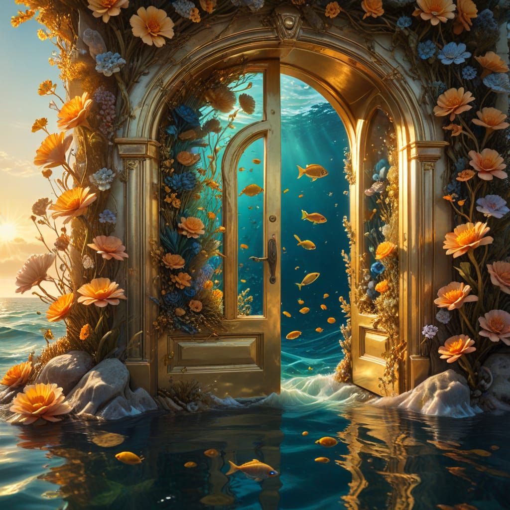 Golden Door Underwater: A Surreal Oil Painting