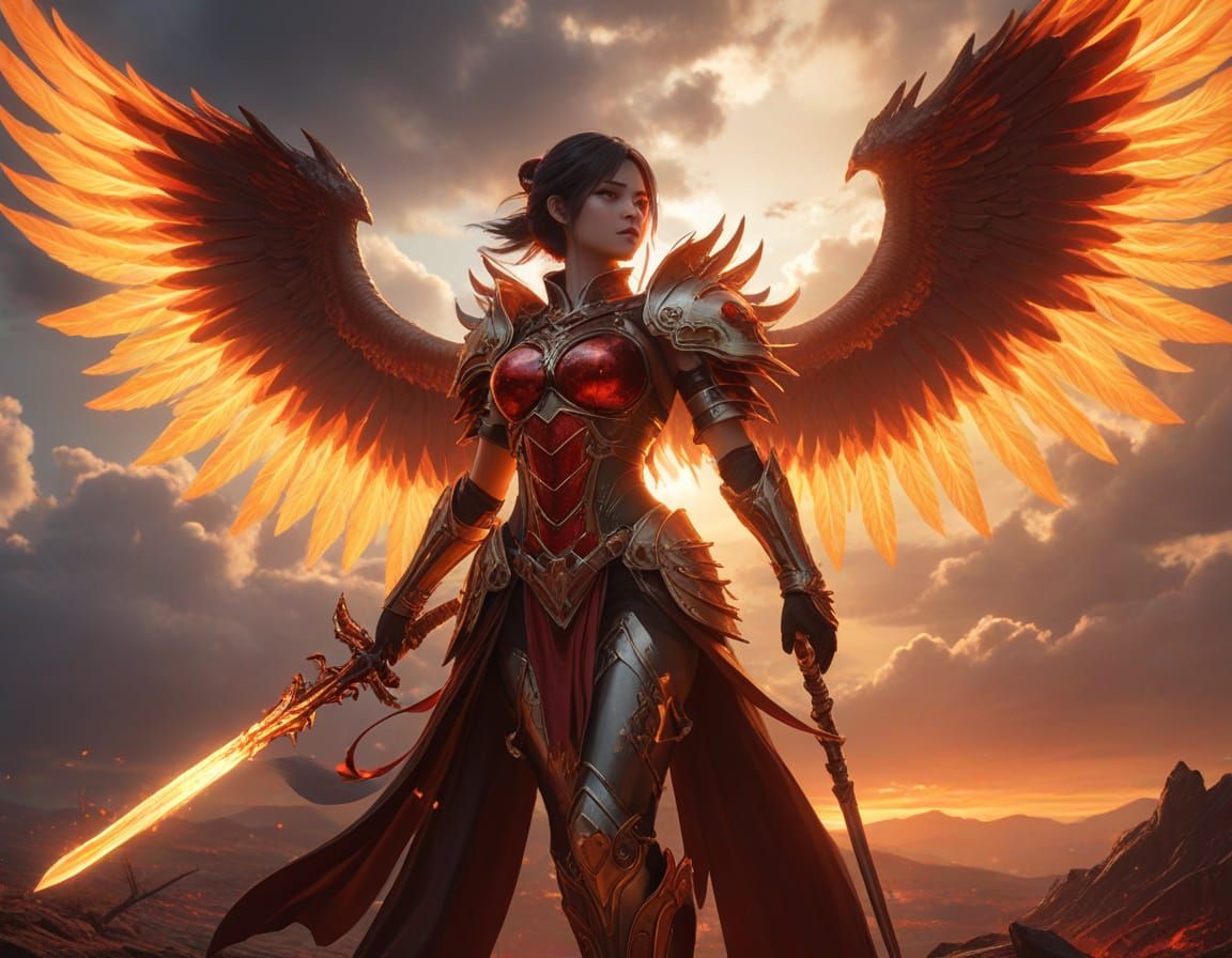 Angel and Demon Warrior Goddess in Fiery Wasteland