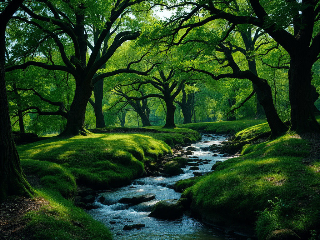 Lush Green Oak Forest with Magic Light