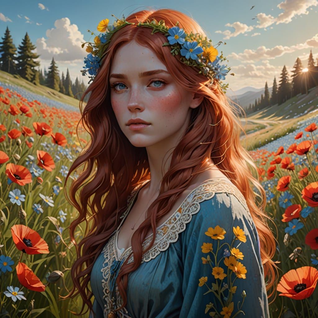 Serenely Standing Redhead in a Lush Floral Wonderland