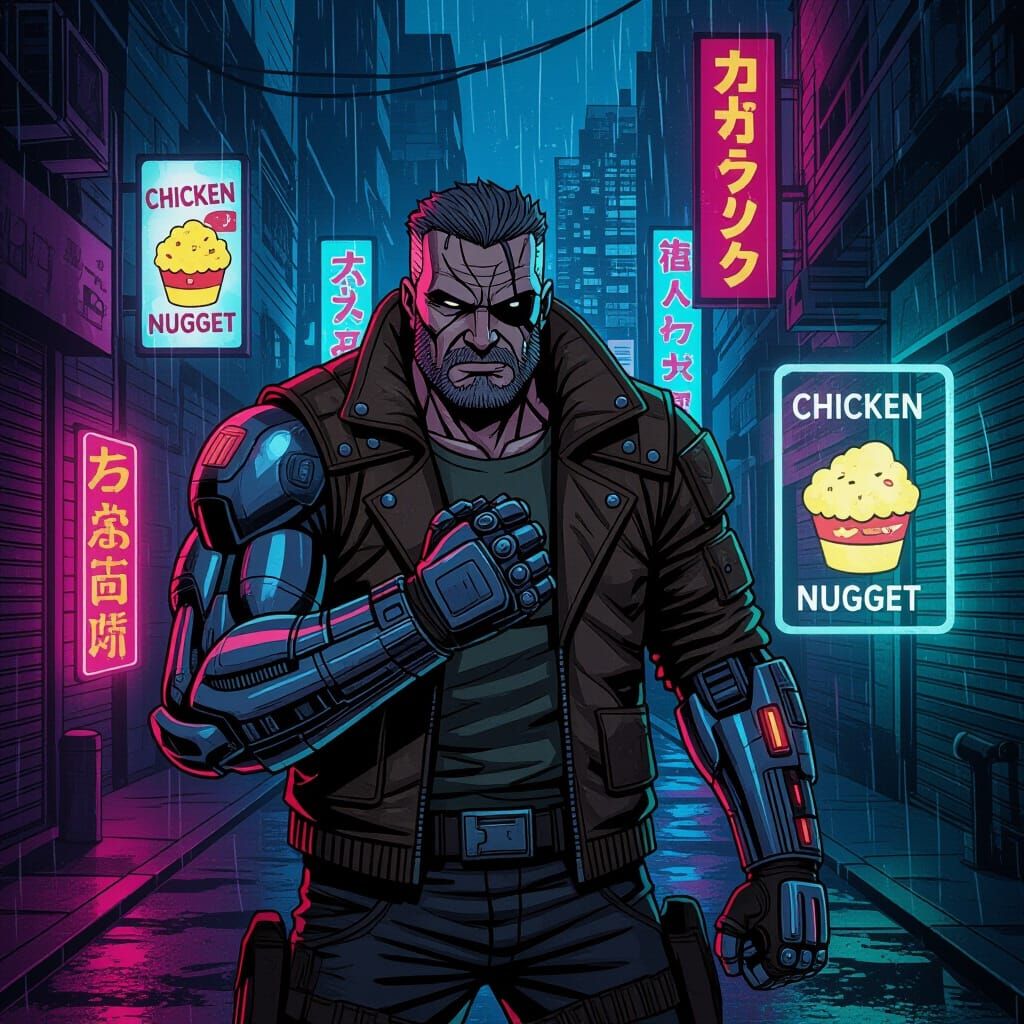 Cyberpunk Bounty Hunter in Neon Alleyway
