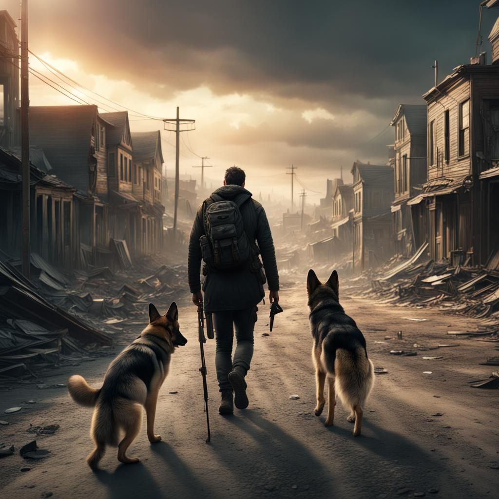 Lone Wanderer in Apocalyptic Town with Dog
