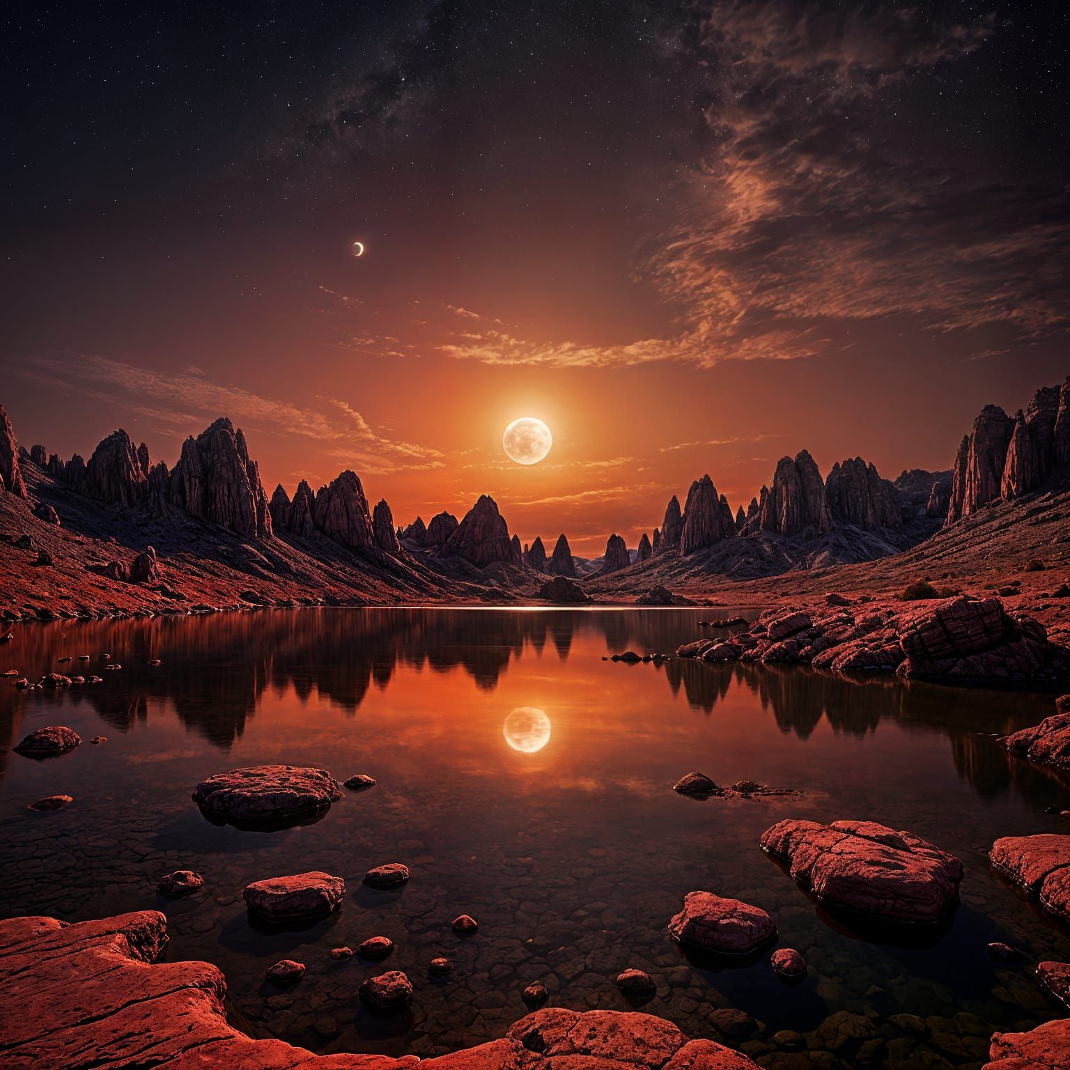 Red Moonscape Reflection in Tranquil Lake