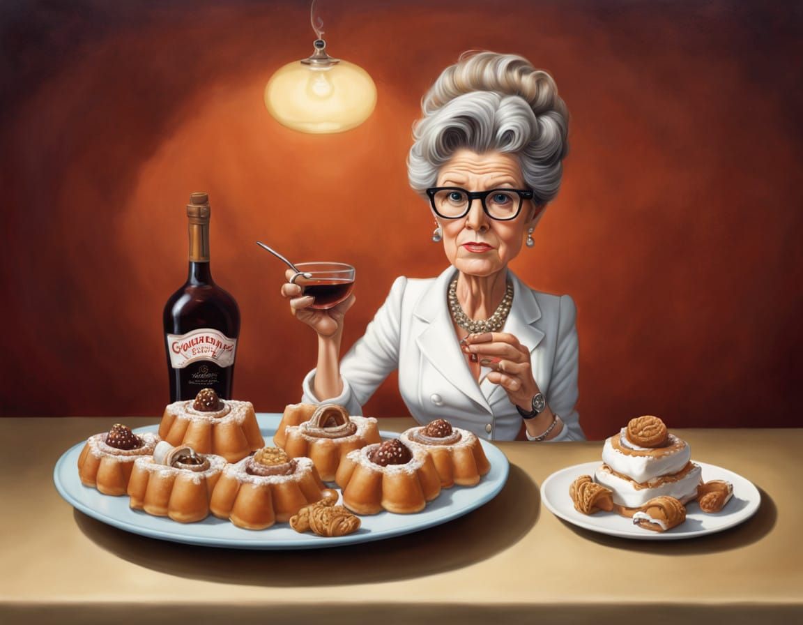 Tiny Dame on a Plate of Sweet Treats in Pop Surrealism Style