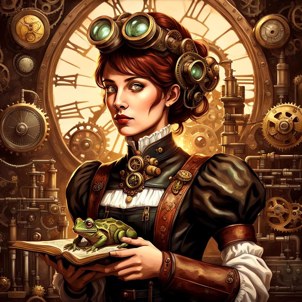 Steampunk Woman with Frog: Sci-Fi Illustration