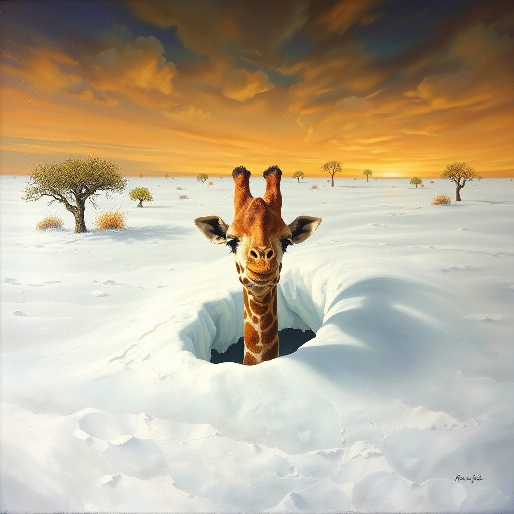 Giraffe Looks Puzzled in Snowy Landscape