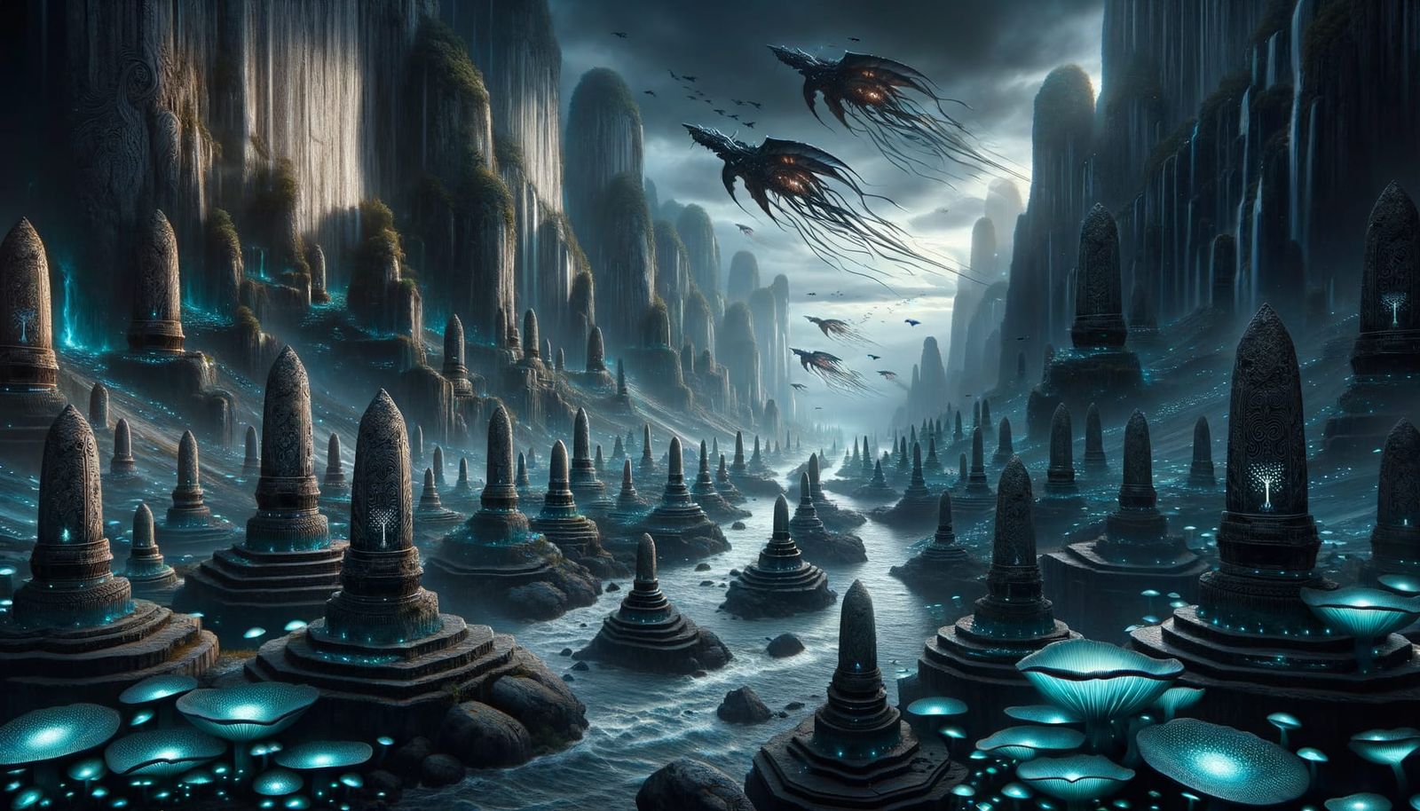 Mystical Bioluminescent Landscape with Flying Creatures