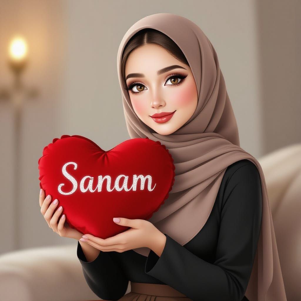 Muslim Woman Holding 'Sanam' Heart in Digital Portrait